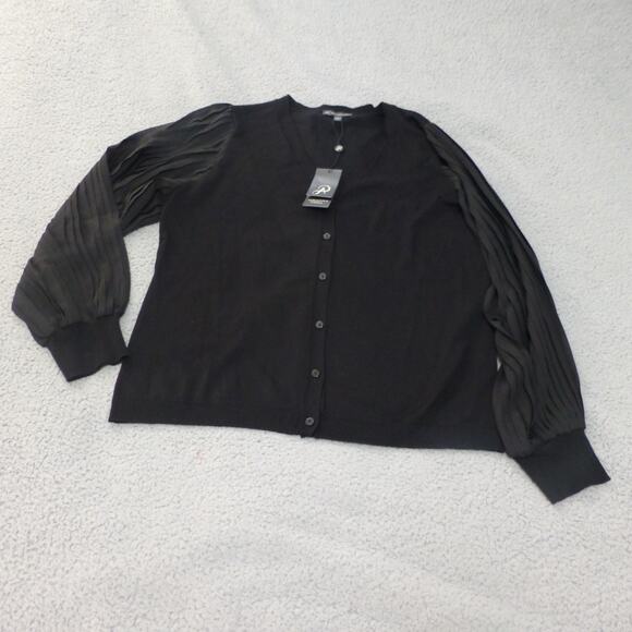 Adriana Papell Sweater Womens Large Cardigan Balloon Sleeve Button Up Black Knit - Picture 1 of 11